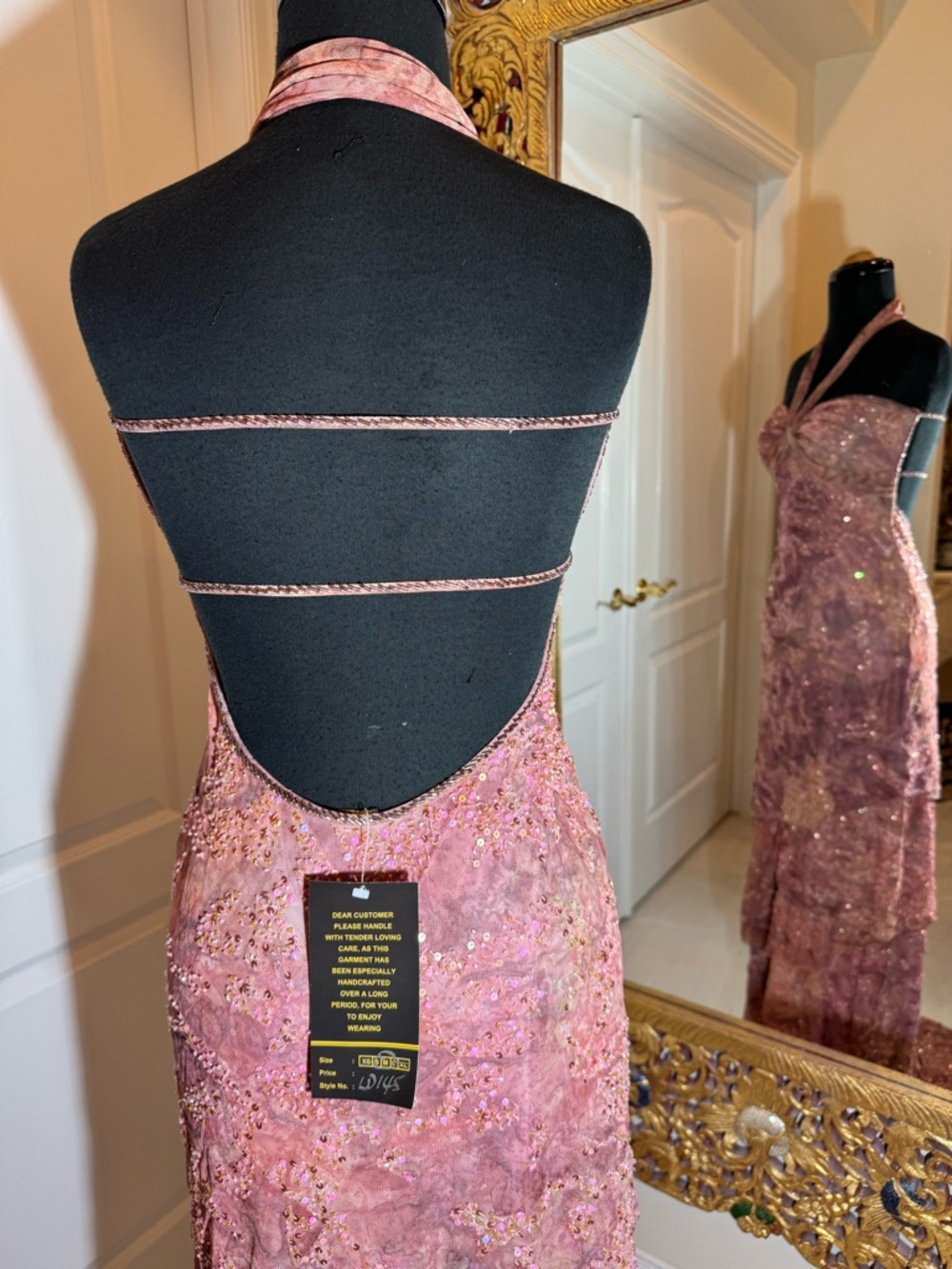 Sparkling hand beaded, layered skirt Mauve Halter Maxi Dress stretch fabric - Picture 15 of 16